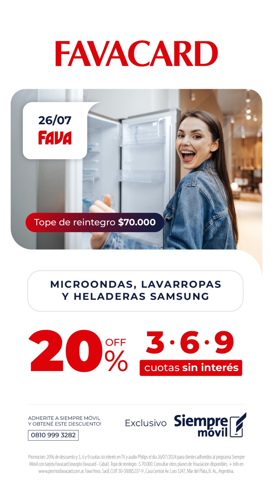 Favacard 20% de descuento en microondas, lavarropas y heladeras samsung